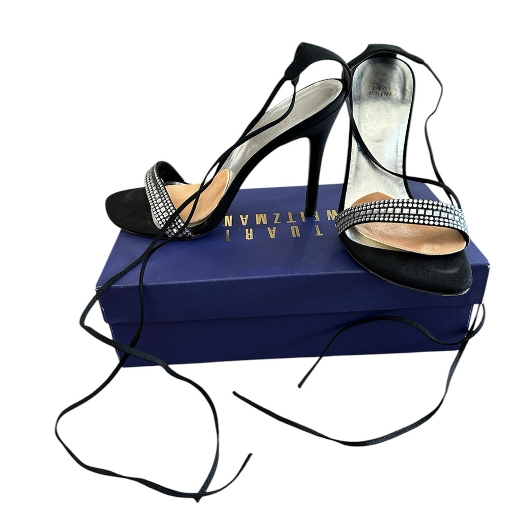 Stuart Weitzman Elegant Black Stiletto Heels with Rhinestone Detailing